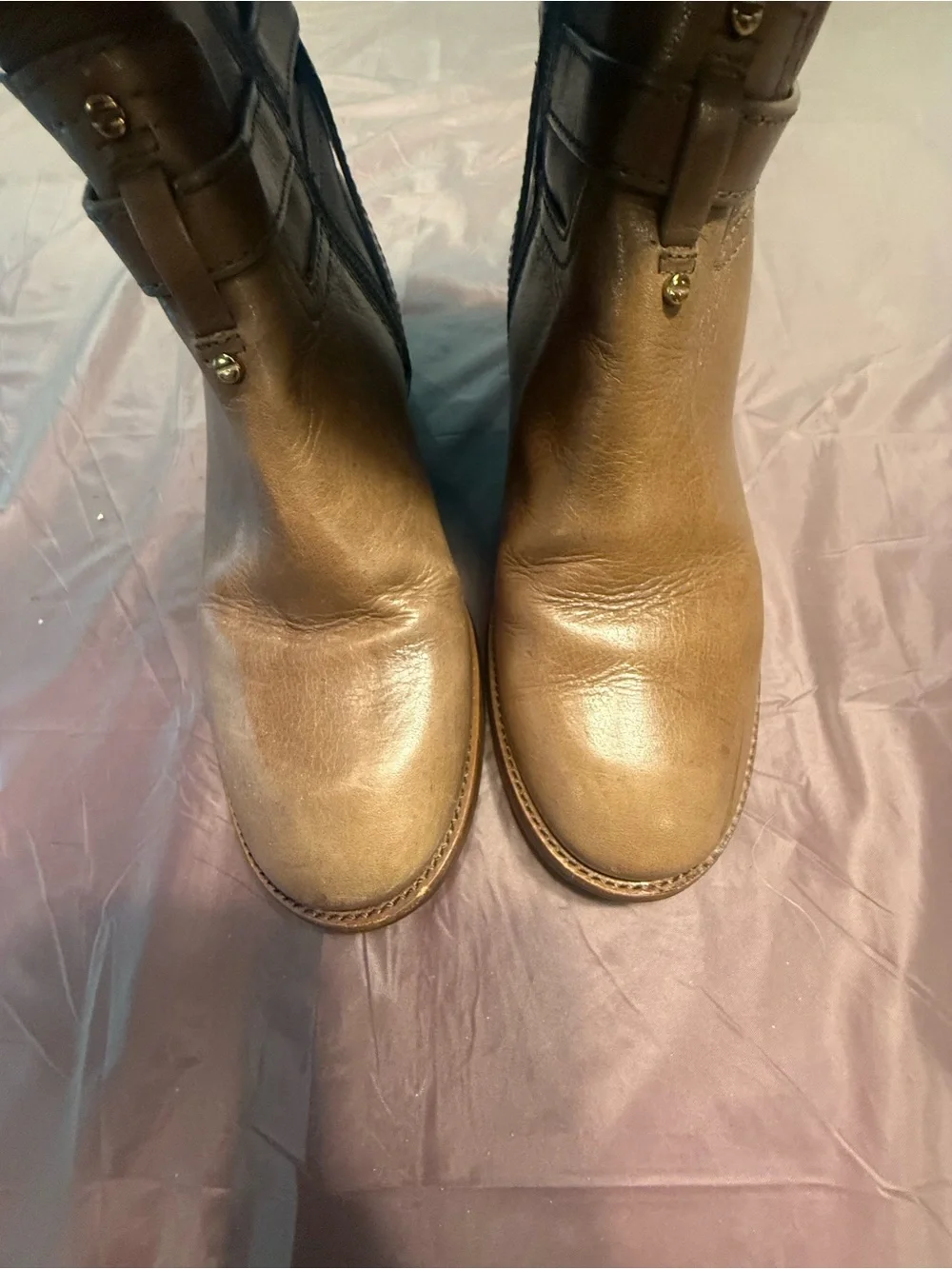 Tory Burch Calista Taupe Gold Leather Logo Belt Knee Riding Boots Size 6 $495